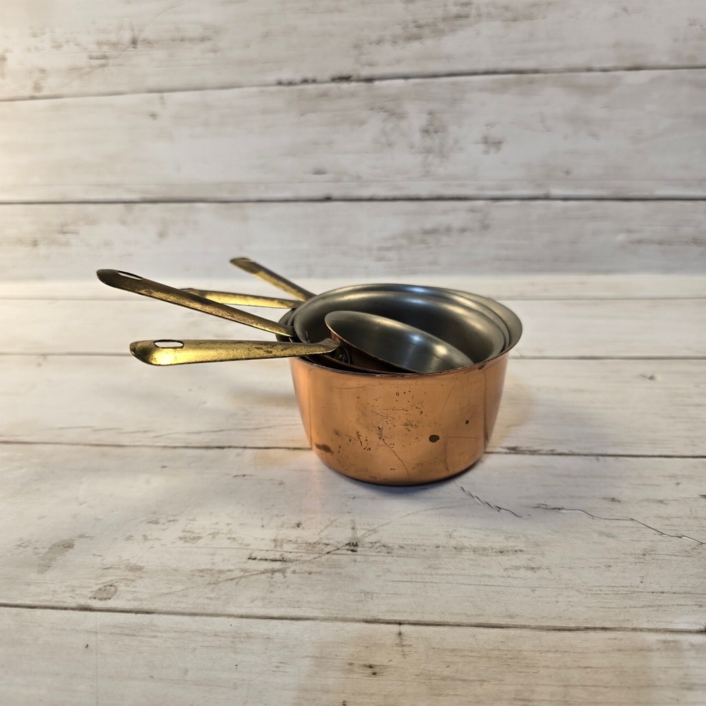 Vintage Copper Measuring Cups Set of 4 Stainless Steel Lined Brass Handles Oz